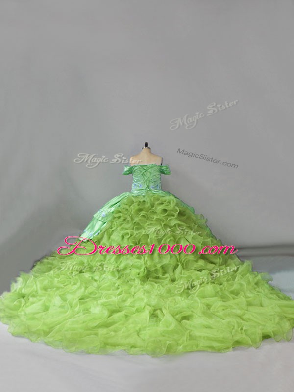 Yellow Green Quinceanera Gown Off The Shoulder Sleeveless Chapel Train Lace Up