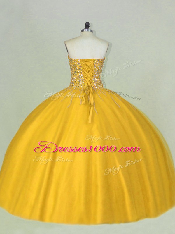 Beautiful Gold Sleeveless Floor Length Beading Lace Up Quince Ball Gowns