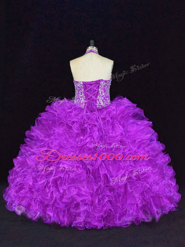 Extravagant Purple Organza Lace Up Ball Gown Prom Dress Sleeveless Floor Length Beading and Ruffles