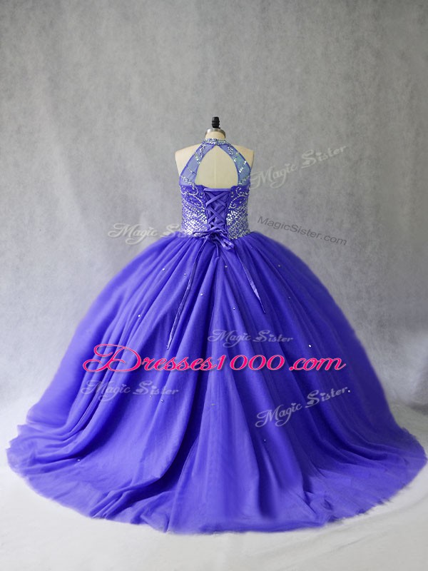 Noble Blue Halter Top Lace Up Beading Quinceanera Gowns Brush Train Sleeveless