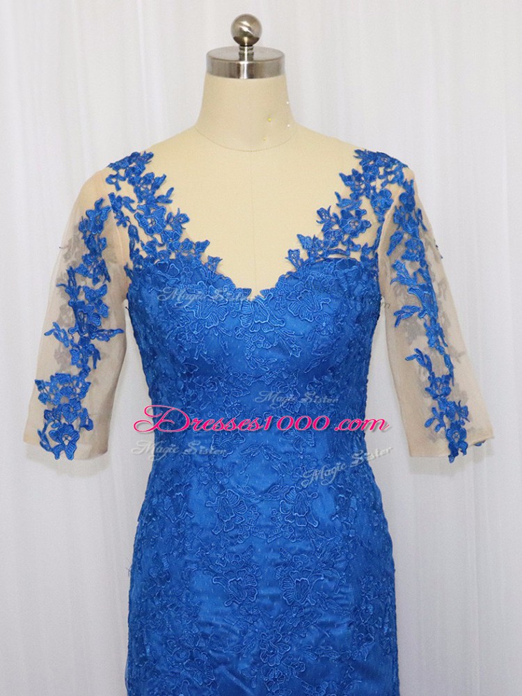 3 4 Length Sleeve Tulle Brush Train Zipper Prom Evening Gown in Blue with Lace and Appliques