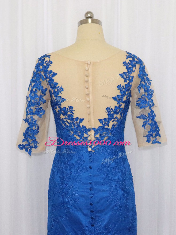 3 4 Length Sleeve Tulle Brush Train Zipper Prom Evening Gown in Blue with Lace and Appliques