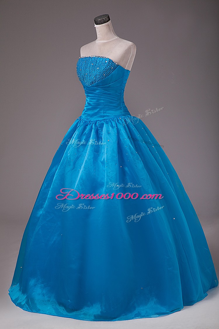 Blue Sleeveless Beading Floor Length Quinceanera Dresses