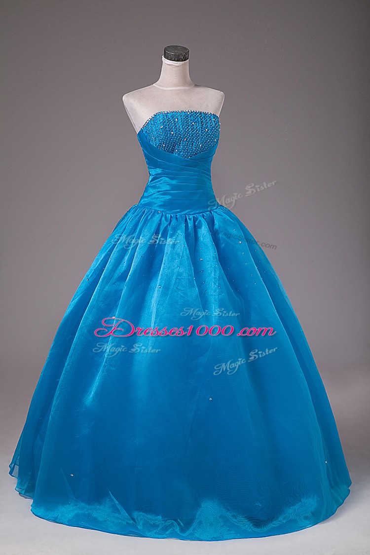 Blue Sleeveless Beading Floor Length Quinceanera Dresses