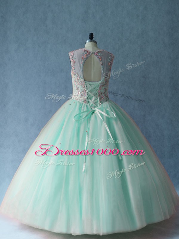 Scoop Sleeveless Tulle Quince Ball Gowns Beading Lace Up
