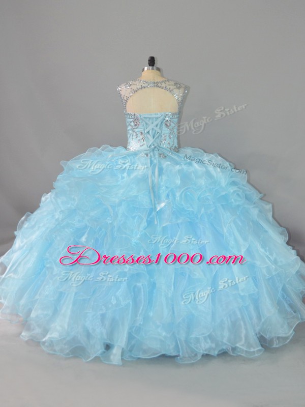 Superior Blue Organza Lace Up Scalloped Sleeveless Floor Length 15 Quinceanera Dress Beading and Ruffles