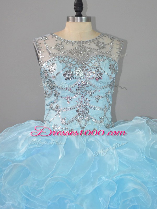 Superior Blue Organza Lace Up Scalloped Sleeveless Floor Length 15 Quinceanera Dress Beading and Ruffles