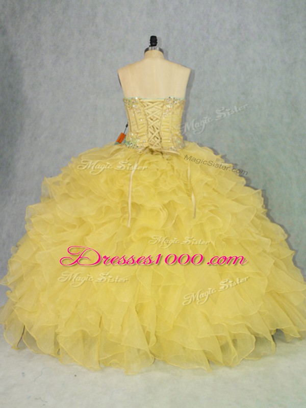 Custom Made Yellow Organza Lace Up Sweetheart Sleeveless Floor Length Sweet 16 Quinceanera Dress Appliques and Ruffles