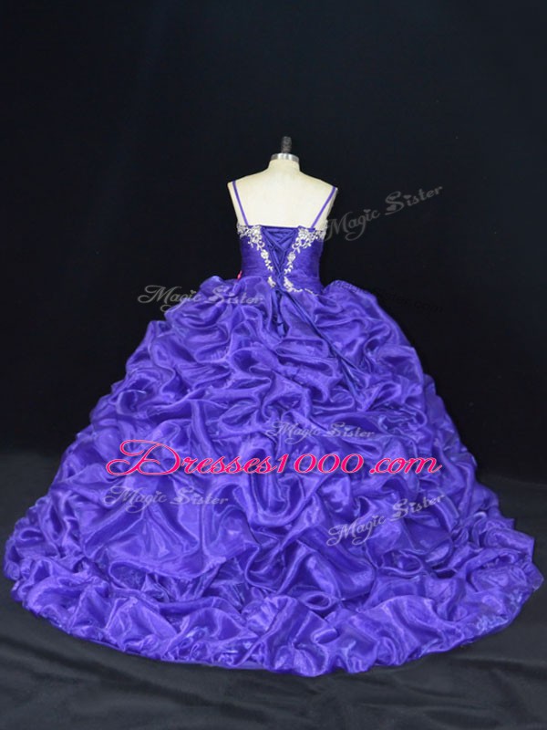 Lovely Purple Lace Up Straps Beading and Pick Ups Sweet 16 Dresses Organza Sleeveless Brush Train