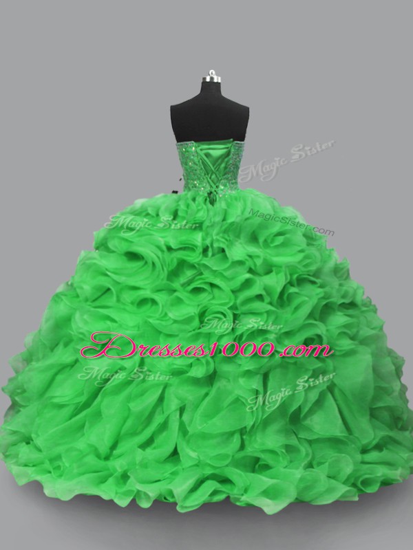 Floor Length Green Quinceanera Dress Organza Sleeveless Beading and Ruffles
