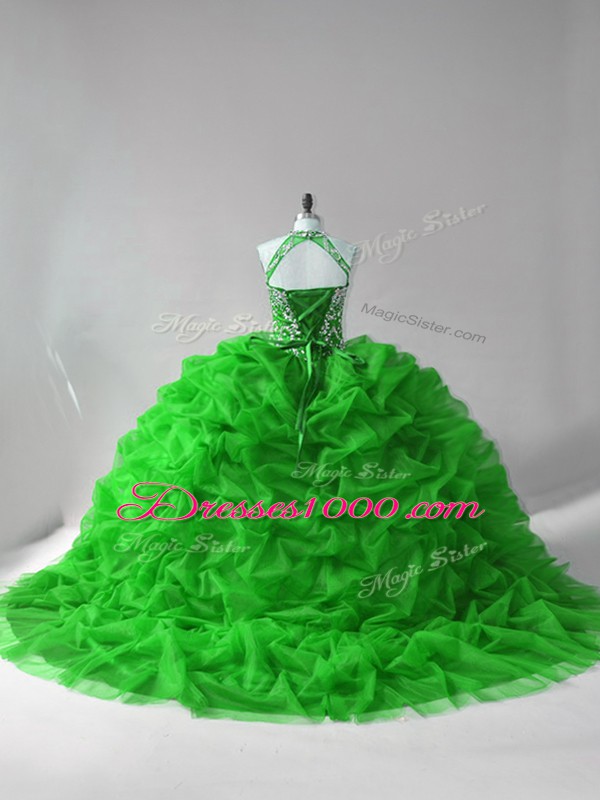 Top Selling Green 15th Birthday Dress Organza Court Train Sleeveless Beading and Pick Ups