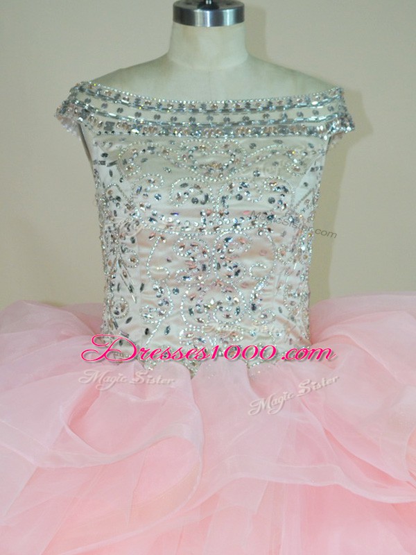 Off The Shoulder Sleeveless Brush Train Lace Up Quinceanera Dresses Pink Organza