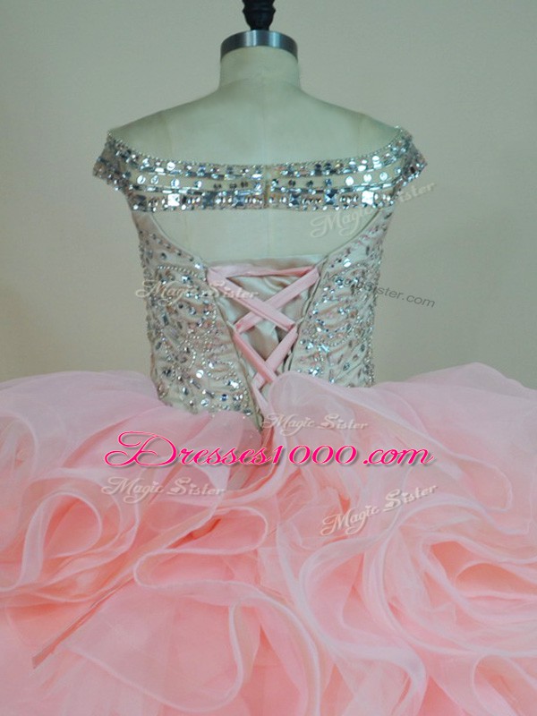 Off The Shoulder Sleeveless Brush Train Lace Up Quinceanera Dresses Pink Organza