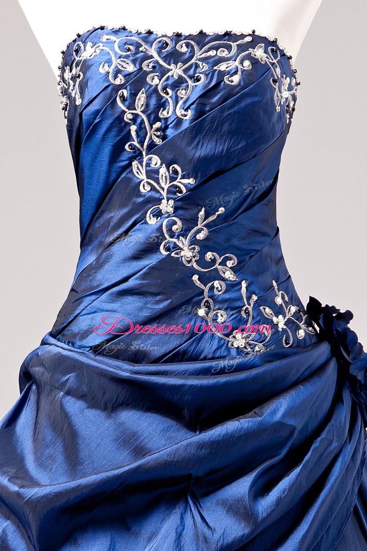 Blue One Shoulder Lace Up Embroidery and Hand Made Flower Quinceanera Gown Sleeveless