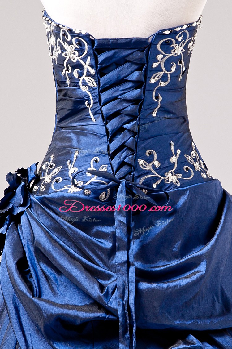 Blue One Shoulder Lace Up Embroidery and Hand Made Flower Quinceanera Gown Sleeveless