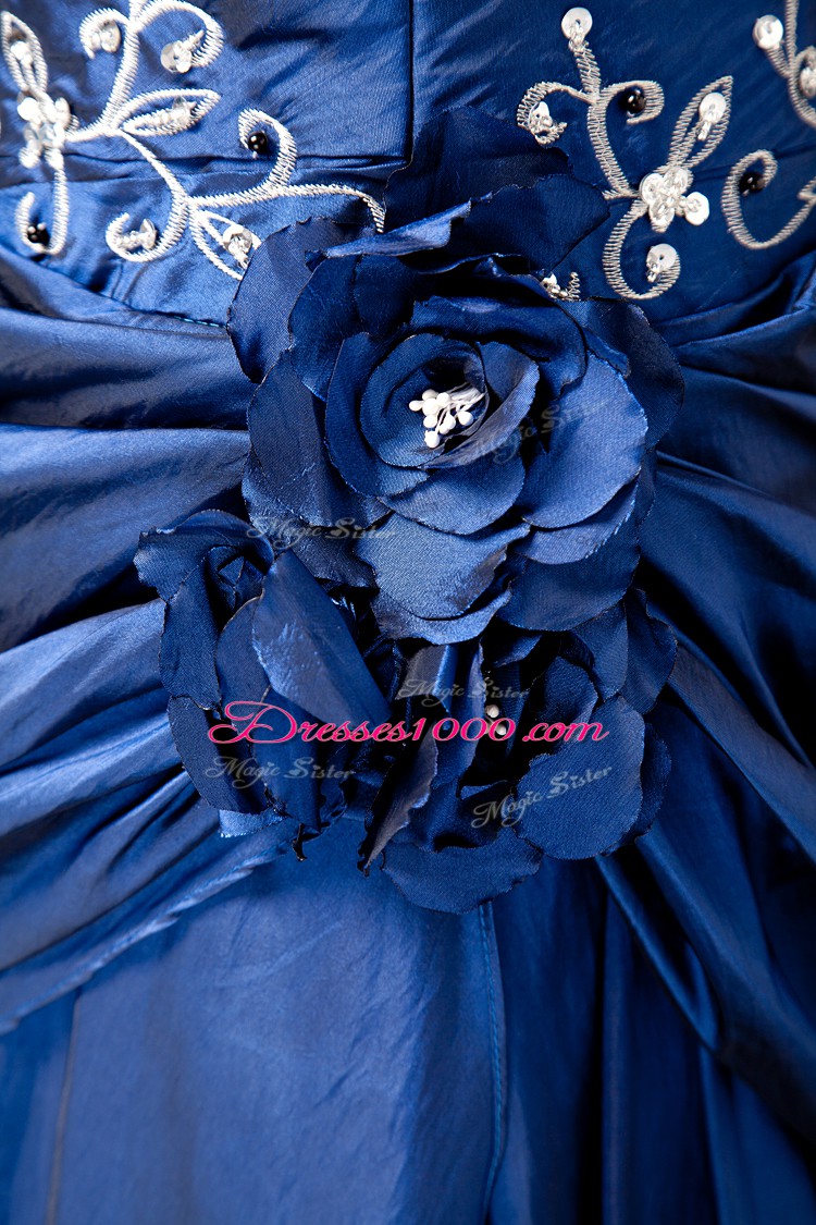 Blue One Shoulder Lace Up Embroidery and Hand Made Flower Quinceanera Gown Sleeveless