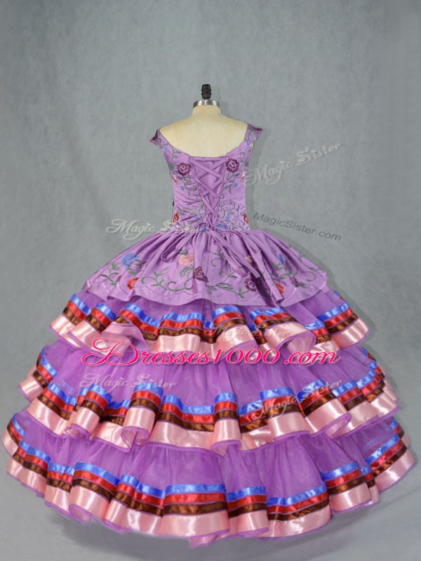 Exceptional Purple Lace Up Sweet 16 Dresses Embroidery and Ruffled Layers Sleeveless Floor Length