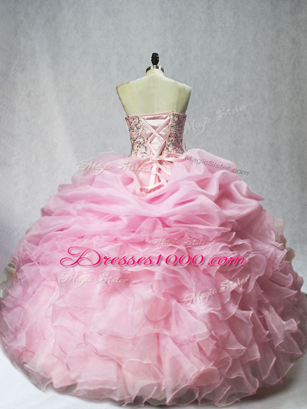 Baby Pink Organza Lace Up Sweet 16 Dress Sleeveless Floor Length Beading and Ruffles and Pick Ups
