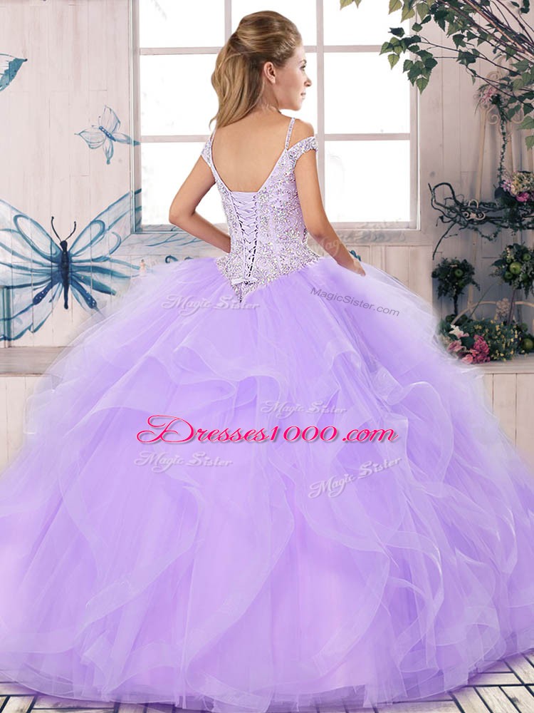 Fabulous Purple Ball Gowns Off The Shoulder Sleeveless Tulle Floor Length Lace Up Beading and Ruffles Quinceanera Gowns
