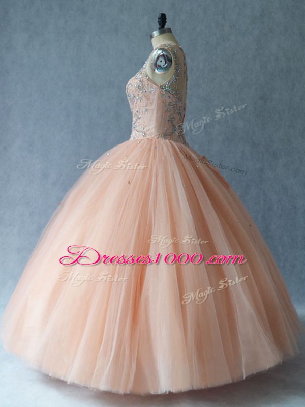 Classical Peach Lace Up Scoop Beading Vestidos de Quinceanera Tulle Sleeveless