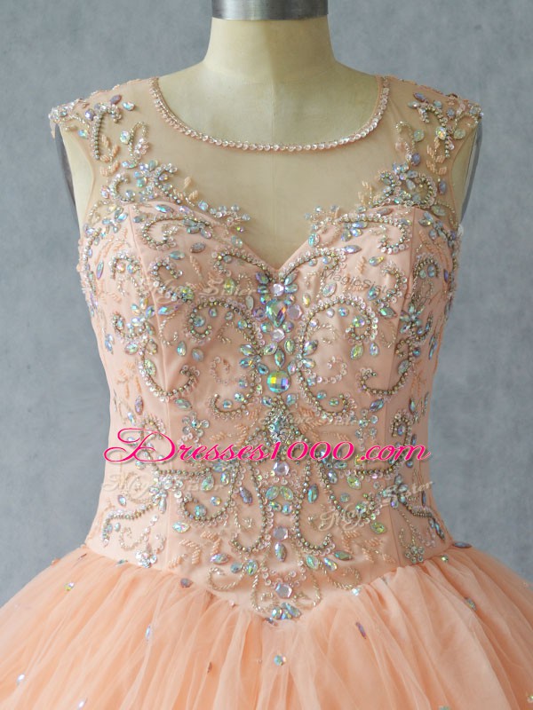Classical Peach Lace Up Scoop Beading Vestidos de Quinceanera Tulle Sleeveless