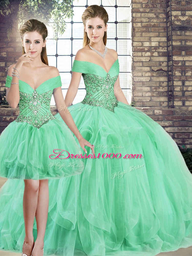 Apple Green Sleeveless Floor Length Beading and Ruffles Lace Up 15th Birthday Dress