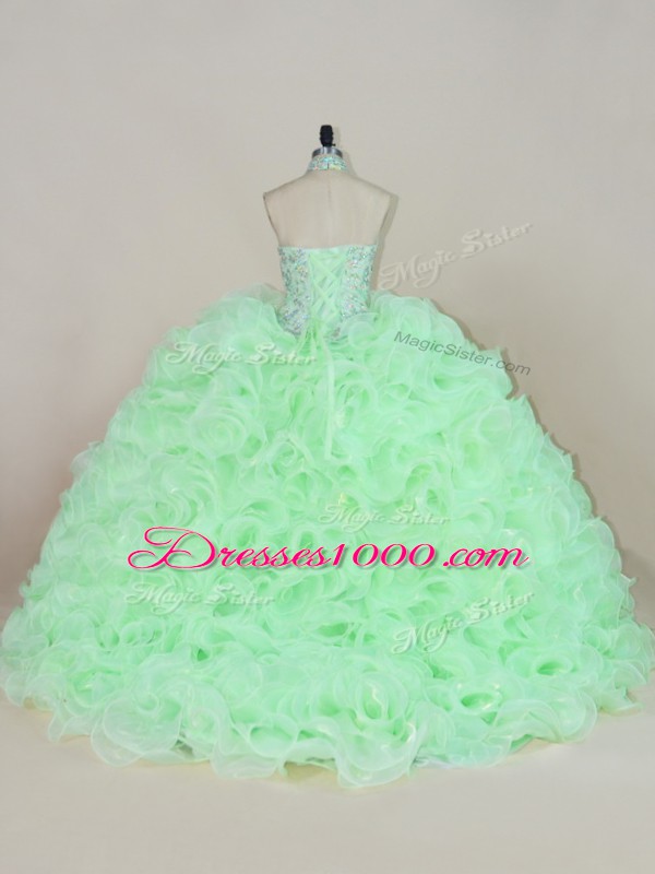 Luxury Apple Green Fabric With Rolling Flowers Lace Up Ball Gown Prom Dress Sleeveless Beading and Ruffles