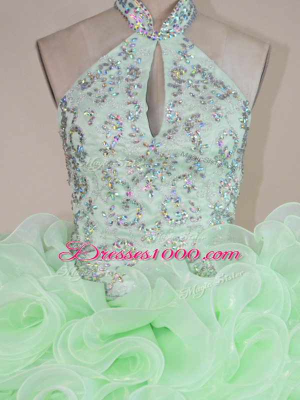 Luxury Apple Green Fabric With Rolling Flowers Lace Up Ball Gown Prom Dress Sleeveless Beading and Ruffles