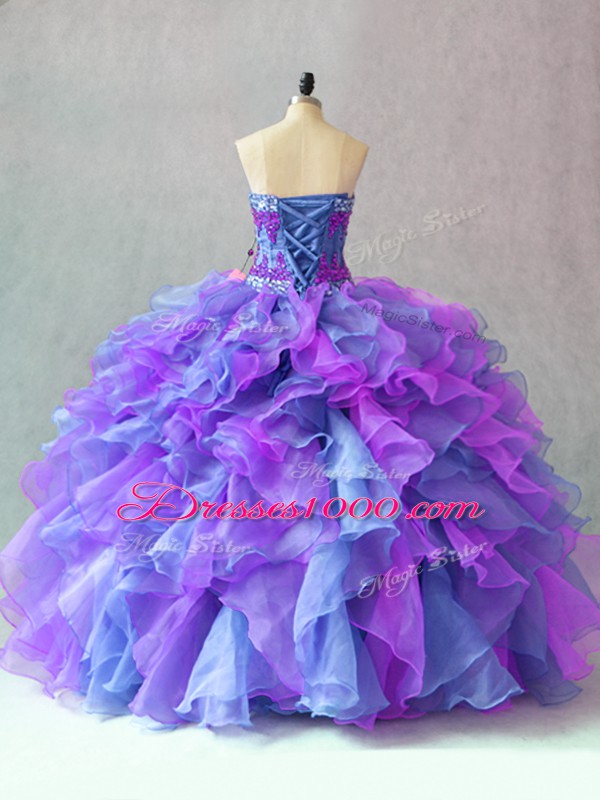 Sumptuous Sleeveless Floor Length Beading and Appliques and Ruffles Lace Up 15th Birthday Dress with Multi-color