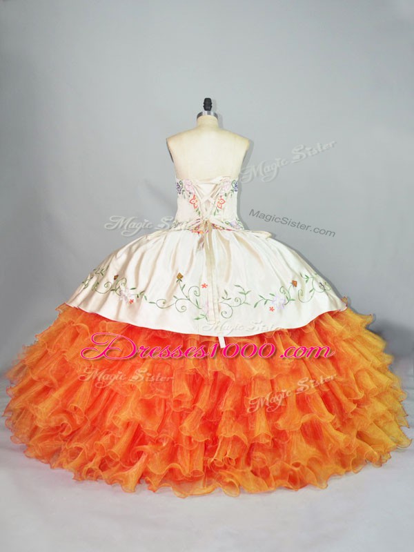 Fashionable Orange Ball Gowns Sweetheart Sleeveless Organza Floor Length Lace Up Embroidery and Ruffles 15th Birthday Dress
