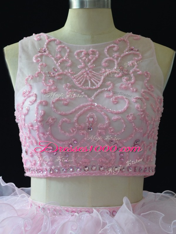 Sleeveless Organza Floor Length Zipper Sweet 16 Dress in Baby Pink with Beading