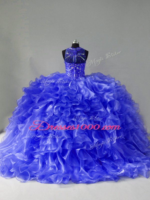 Halter Top Sleeveless Brush Train Zipper 15th Birthday Dress Blue Organza