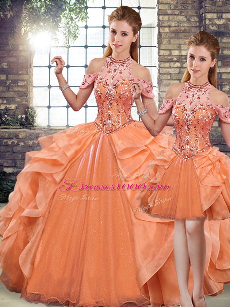 Floor Length Orange Quinceanera Gowns Organza Sleeveless Beading and Ruffles