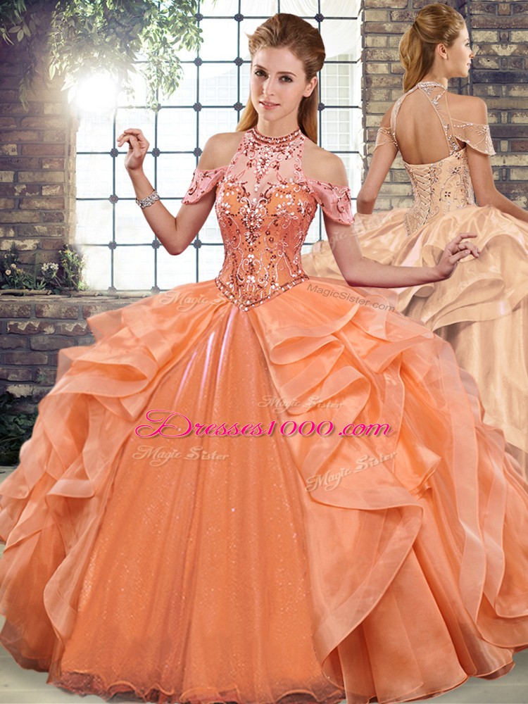 Floor Length Orange Quinceanera Gowns Organza Sleeveless Beading and Ruffles