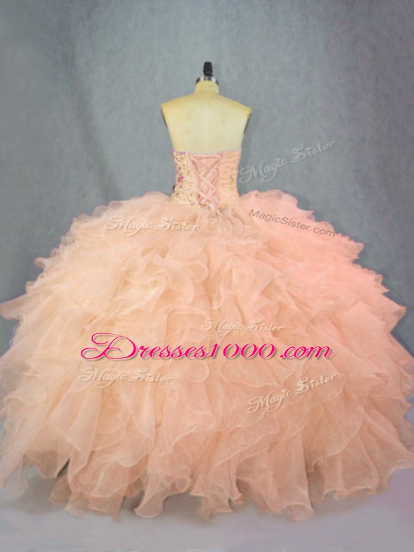 Shining Ball Gowns 15th Birthday Dress Peach Sweetheart Organza Sleeveless Floor Length Lace Up