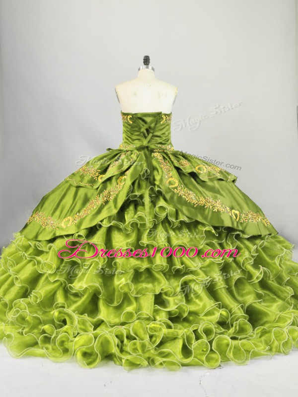 Sleeveless Embroidery and Ruffled Layers Lace Up 15 Quinceanera Dress with Olive Green Brush Train