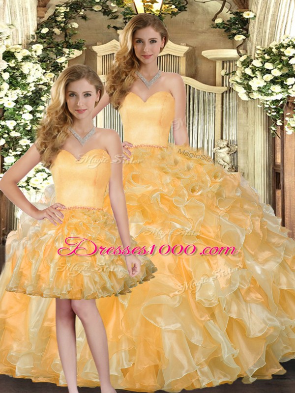 Sweetheart Sleeveless Lace Up Quinceanera Gown Gold Organza
