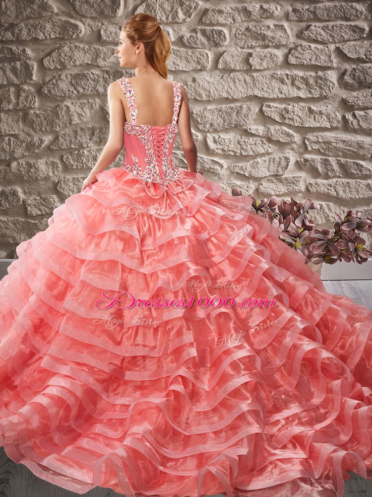 Straps Sleeveless Court Train Lace Up Quinceanera Gown Organza