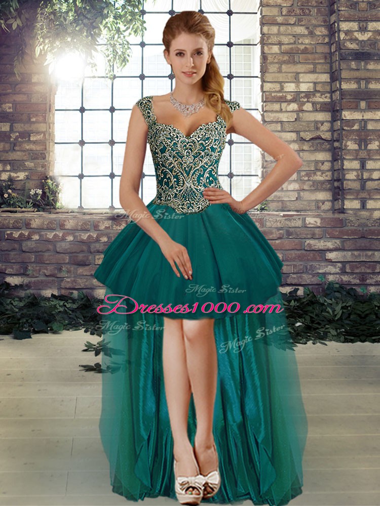 Teal Sleeveless Beading and Embroidery Floor Length Quince Ball Gowns