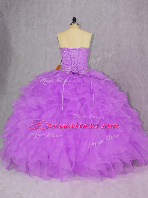 Purple Ball Gowns Sweetheart Sleeveless Organza Floor Length Lace Up Appliques and Ruffles 15th Birthday Dress