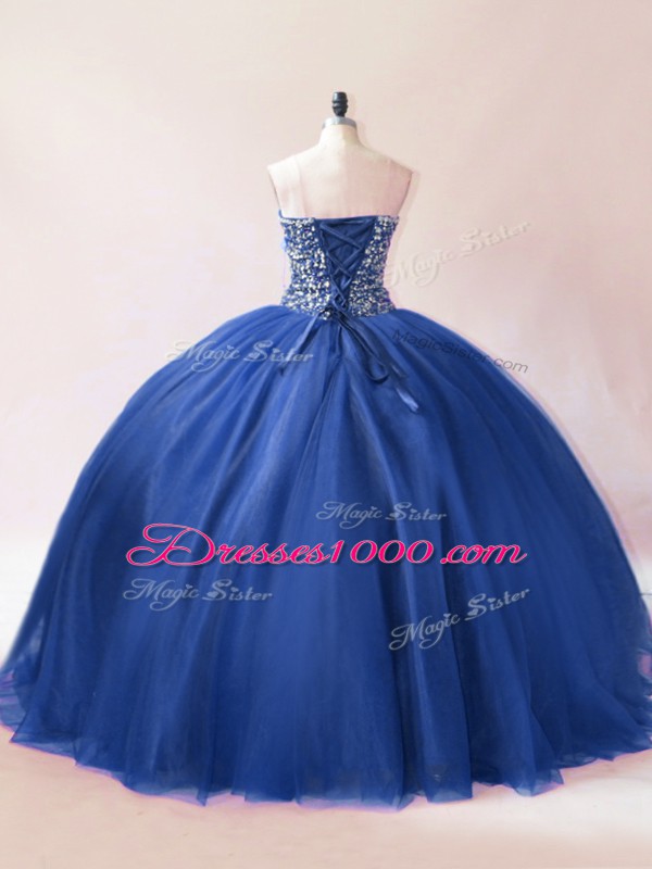 Graceful Sleeveless Floor Length Beading Lace Up Quinceanera Gowns with Blue