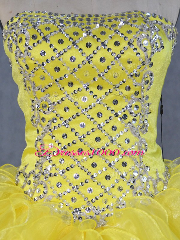 Yellow Strapless Neckline Beading and Ruffles Quinceanera Dresses Sleeveless Lace Up