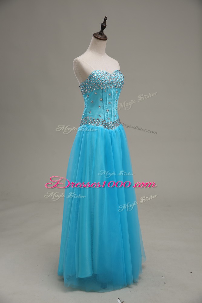 Sweet Floor Length Aqua Blue Going Out Dresses Tulle Sleeveless Beading