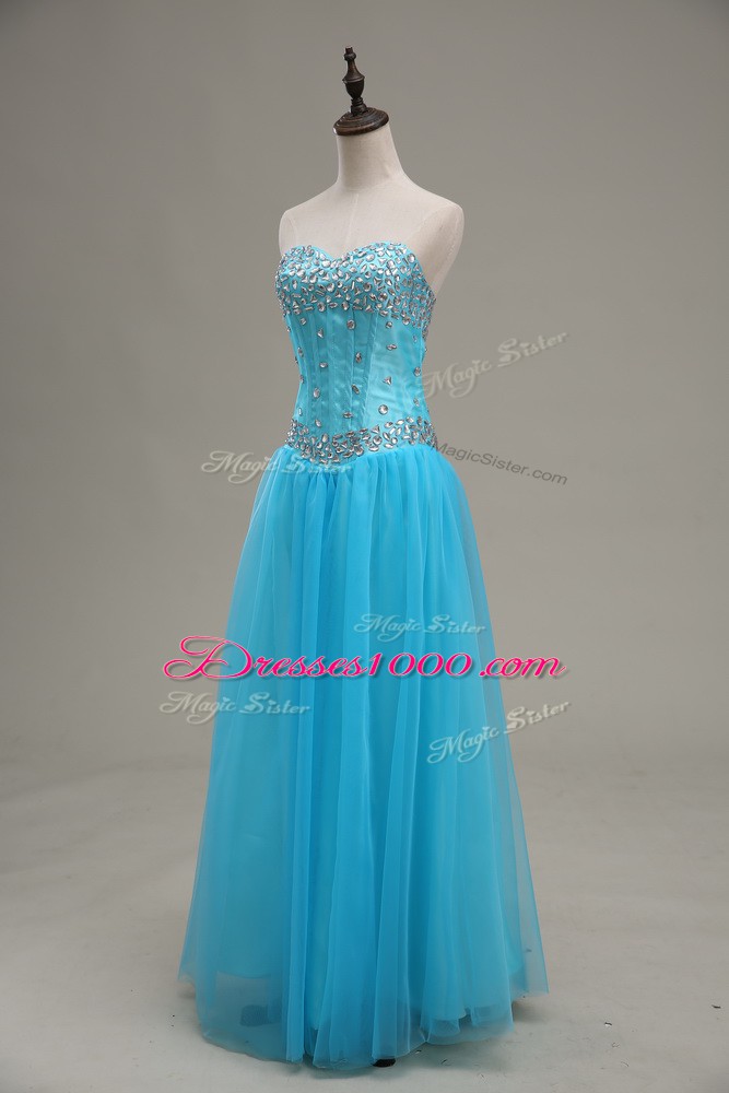 Sweet Floor Length Aqua Blue Going Out Dresses Tulle Sleeveless Beading