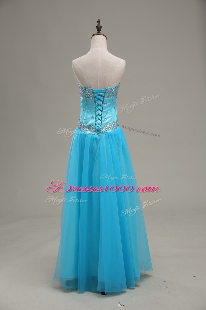 Sweet Floor Length Aqua Blue Going Out Dresses Tulle Sleeveless Beading