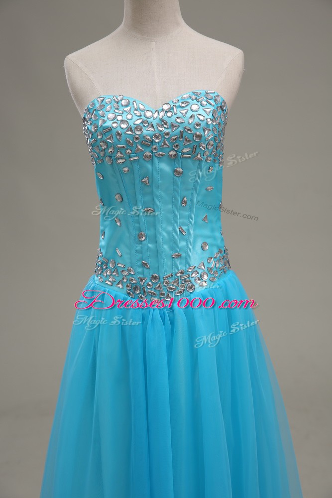Sweet Floor Length Aqua Blue Going Out Dresses Tulle Sleeveless Beading