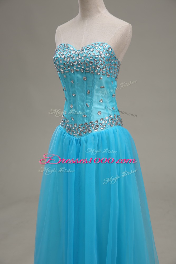 Sweet Floor Length Aqua Blue Going Out Dresses Tulle Sleeveless Beading