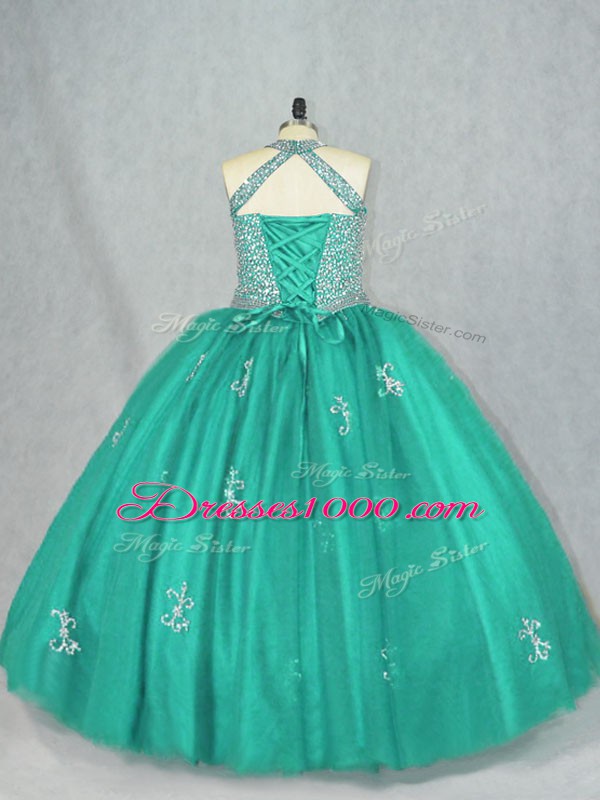 Great Ball Gowns Sweet 16 Dress Turquoise Halter Top Tulle Sleeveless Floor Length Lace Up