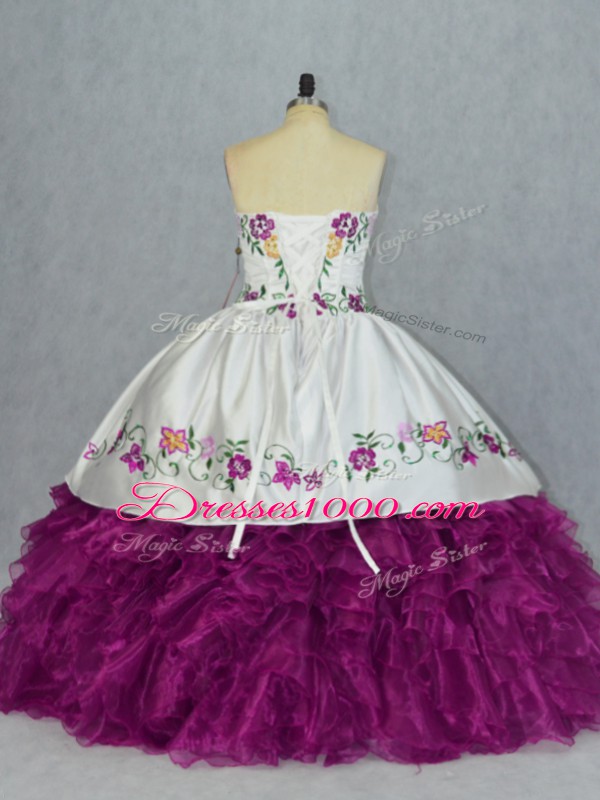 Fuchsia Quinceanera Gown Sweet 16 and Quinceanera with Embroidery and Ruffles Sweetheart Sleeveless Lace Up
