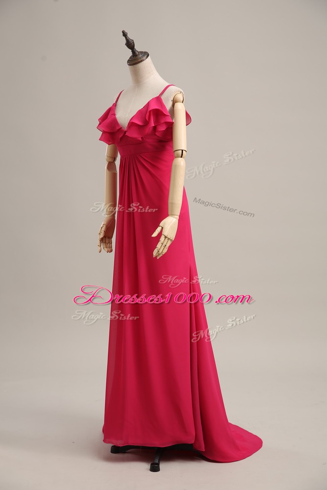 Zipper Evening Outfits Hot Pink for Prom and Party and Military Ball with Ruching Brush Train